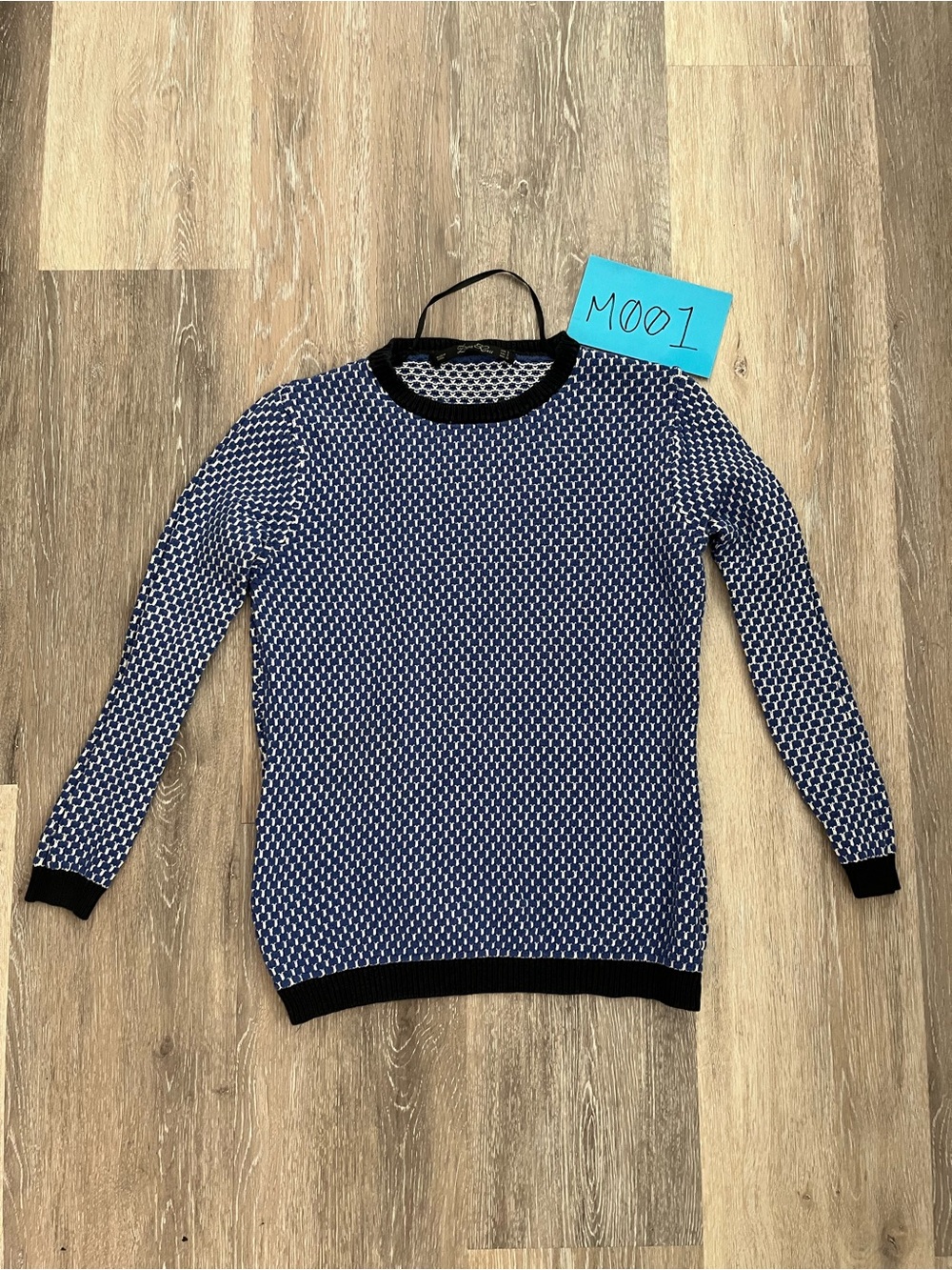 Zara Womens Small Sweater Cobalt Blue White Textured Jacquard Crewneck Knit